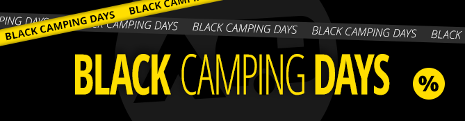 Zwarte banner met gele tekst BLACK CAMPING DAYS, een gele cirkel met procentteken rechts en gele diagonale linten met het woord SALE langs de bovenrand