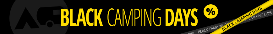 Zwarte achtergrond met tent- en caravanpictogram links, grote gele tekst "BLACK CAMPING DAYS" en een gele cirkel met een procentteken
