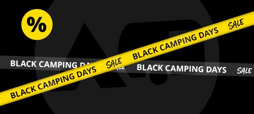 Schwarzer Hintergrund. Drei diagonale Bänder: ein gelbes Band mit schwarzem Text 'BLACK CAMPING DAYS SALE', zwei dunkle Bänder mit weißem Text 'BLACK CAMPING DAYS SALE'. Oben links ein gelber Kreis mit schwarzem Prozentzeichen