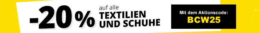 Gelber Banner mit großem schwarzen '-20%' und dem Text 'auf alle TEXTILIEN UND SCHUHE'. Rechts ein schwarzer Kasten mit weißem Text 'Mit dem Aktionscode: BCW25'