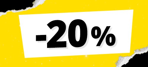 Weißes Rechteck mit schwarzem Text „-20%“ auf gelbem Hintergrund mit eingerissenen Papierkanten
