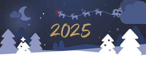Winterlandschaft mit Tannenbäumen, Weihnachtsmann im Schlitten und der Zahl 2024 am Nachthimmel