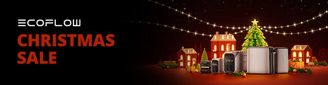 Fondo negro a la izquierda con el logotipo ECOFLOW en blanco y texto naranja 'BLACK-FRIDAY SALE', a la derecha un fondo técnico circular dorado y varios dispositivos electrónicos grises a negros uno junto a otro