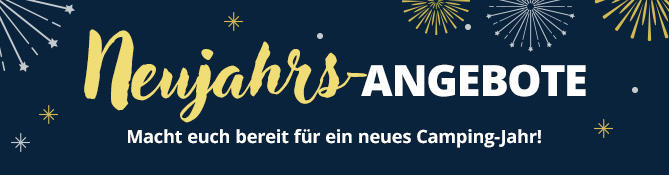 Dunkelblaues Banner mit goldener und wei&szlig;er Schrift 'Neujahrs-ANGEBOTE' und kleinerem Text 'Macht euch bereit f&uuml;r ein neues Camping-Jahr!'; goldene und wei&szlig;e Feuerwerks- und Sternillustrationen