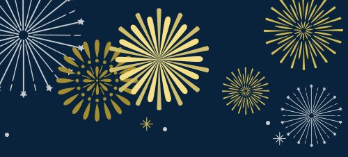 Dunkelblauer Hintergrund mit mehreren radialen, sternförmigen gelben und hellblauen Strahlenmustern und kleinen Punkten