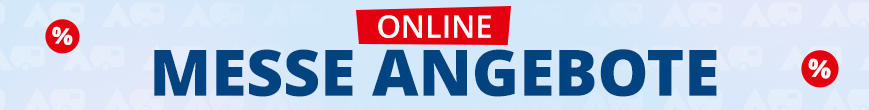 Roter Kasten mit wei&szlig;er Aufschrift 'ONLINE' &uuml;ber gro&szlig;em blauen Text 'MESSE ANGEBOTE'; links und rechts rote Prozentzeichen in wei&szlig;en Kreisen auf hellblauem Hintergrund