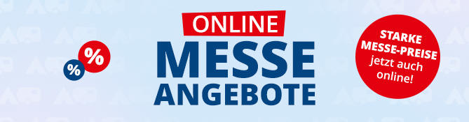 Hellblauer Hintergrund mit rotem Banner 'ONLINE', gro&szlig;em Schriftzug 'MESSE ANGEBOTE', links Prozentsymbole in roten und blauen Kreisen, rechts roter Kreis mit wei&szlig;er Aufschrift 'STARKE MESSE-PREISE jetzt auch online!'