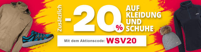 Wei&szlig;er, abgerundeter Banner mit rotem Text '-20% AUF KLEIDUNG & SCHUHE' und darunter grauer Text 'Mit dem Aktionscode: HERBST25'; oranger Verlaufshintergrund mit je einem orangefarbenen Blatt links und rechts