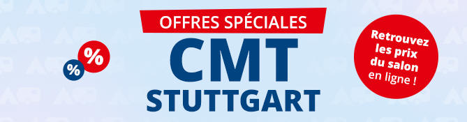 Fond bleu clair avec banni&egrave;re rouge 'ONLINE', grand texte 'MESSE ANGEBOTE', &agrave; gauche symboles pourcentage dans des cercles rouge et bleu, &agrave; droite cercle rouge avec texte blanc 'STARKE MESSE-PREISE jetzt auch online!'