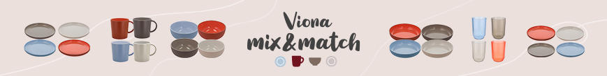 Mehrere Schalen und Tassen in verschiedenen Farben links und rechts, mittig der Schriftzug 'Viona mix&match' und drei kleine Herzen auf hellem Hintergrund
