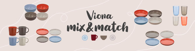 Zentrierter Schriftzug "Viona mix & match" auf beigem Hintergrund; links und rechts angeordnete bunte Tassen, Schalen und Teller sowie zwei hohe Trinkgl&auml;ser