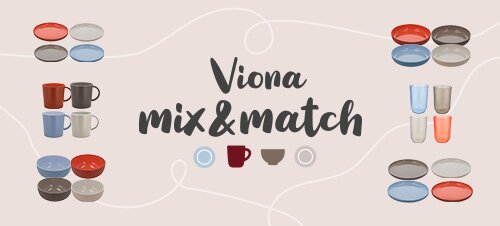 Hellrosa Hintergrund mit weißen geschwungenen Linien, zentrierter Schriftzug "Viona mix & match", links und rechts Stapel bunter Tassen, Gläser und Teller (rot, blau, grau, beige), darunter drei kleine Symbole (blauer Kreis, rote Tasse, braune Schale