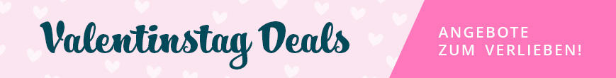Banner mit t&uuml;rkisem Schriftzug 'Valentinstag Deals' auf hellrosa Hintergrund mit kleinen wei&szlig;en Herzen; rechter Bereich rosa Dreieck mit wei&szlig;er Aufschrift 'ANGEBOTE ZUM VERLIEBEN!'