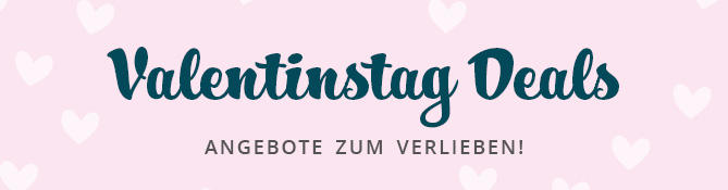 Rosa Hintergrund mit wei&szlig;en Herzen, gro&szlig;e dunkelgr&uuml;ne Schrift 'Valentinstag Deals', darunter kleinerer Text 'ANGEBOTE ZUM VERLIEBEN!'