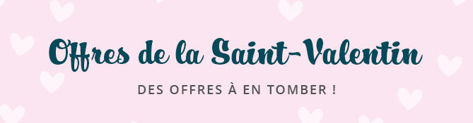 Fond rose avec des c&oelig;urs blancs, grand texte vert fonc&eacute; 'Valentinstag Deals', en dessous texte plus petit 'ANGEBOTE ZUM VERLIEBEN!'