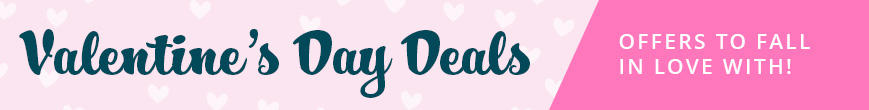 Banner with turquoise script 'Valentinstag Deals' on a light pink background with small white hearts; right area pink triangle with white text 'ANGEBOTE ZUM VERLIEBEN!'