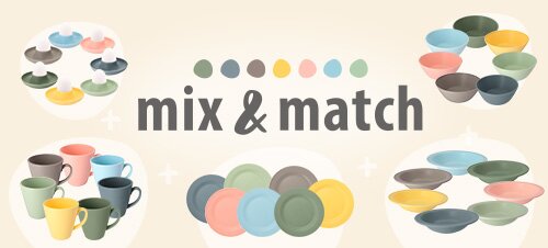 Bunte Tassen, Teller und Schalen in verschiedenen Farben, angeordnet in Kreisen, mit dem Text ‚mix & match‘ in der Mitte
