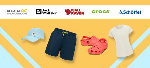 Illustration mit Kleidungsstücken und Schuhen, dazu rote Prozentzeichen auf blau-grünem Hintergrund mit Blumen und Blättern