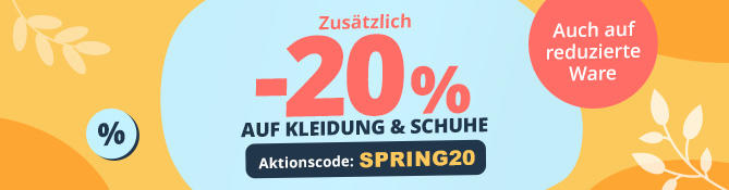 Wei&szlig;er, abgerundeter Banner mit rotem Text '-20% AUF KLEIDUNG & SCHUHE' und darunter grauer Text 'Mit dem Aktionscode: HERBST25'; oranger Verlaufshintergrund mit je einem orangefarbenen Blatt links und rechts