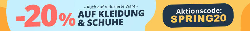 Orangenes Banner. Links: rote Schrift -20% AUF KLEIDUNG & SCHUHE. Rechts: wei&szlig;er Kasten mit Text Mit dem Aktionscode: HERBST25. Orange Bl&auml;tter oben links und oben rechts