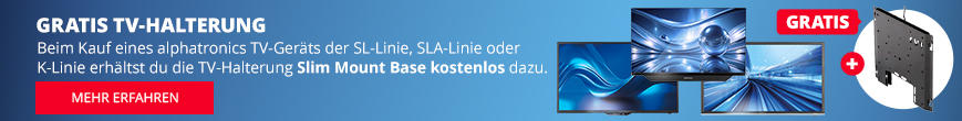 Banner mit blauem Hintergrund, zwei flachen Fernsehern, einer TV‑Halterung und dem Text 'GRATIS TV-HALTERUNG', dazu ein roter 'GRATIS'-Button und ein roter 'MEHR ERFAHREN'-Button