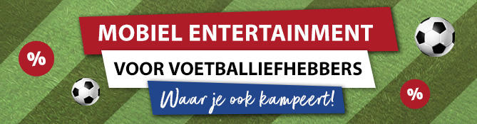Groen gestreepte achtergrond, witte band met de tekst 'MOBILES ENTERTAINMENT', zwarte band met 'FUSSBALLFIEBER', kleine labels 'EGAL WO' en 'DU CAMPS!', voetbal rechts, rode cirkels met procenttekens