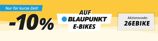 Yellow promotional banner with blue badge 'Nur f&uuml;r kurze Zeit!', large '-10%', lettering 'AUF BLAUPUNKT E-BIKES' and white box 'Aktionscode: 26EBIKE'