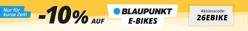 Left: blue badge with white text 'Nur f&uuml;r kurze Zeit'. Large black text '-10%' on yellow background. Center: round blue symbol and text 'BLAUPUNKT E-BIKES'. Right: beige box with text 'Aktionscode: 26EBIKE'