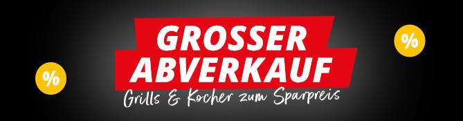 Rotes, schr&auml;g verlaufendes Banner mit wei&szlig;em Text 'GROSSER ABVERKAUF'. Darunter kleinere wei&szlig;e Schrift 'Grills & Kocher zum Sparpreis'. Schwarzer Verlaufshintergrund, links und rechts jeweils ein gelber Kreis mit Prozentzeichen