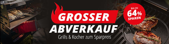 Red angled banner with white text 'GROSSER ABVERKAUF'. Below smaller white text 'Grills & Kocher zum Sparpreis'. Black gradient background, a yellow circle with a percent sign on the left and right