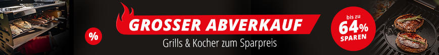 Black banner with a red rectangle and white text 'GROSSER ABVERKAUF', below smaller white text 'Grills & Kocher zum Sparpreis.', yellow circles with white percent signs at left and right