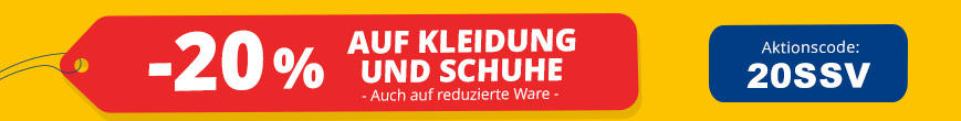 Orangenes Banner. Links: rote Schrift -20% AUF KLEIDUNG & SCHUHE. Rechts: wei&szlig;er Kasten mit Text Mit dem Aktionscode: HERBST25. Orange Bl&auml;tter oben links und oben rechts