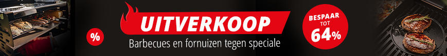 Zwarte banner met een rood rechthoek en witte tekst 'GROSSER ABVERKAUF', daaronder kleinere witte tekst 'Grills & Kocher zum Sparpreis.', gele cirkels met witte procenttekens links en rechts