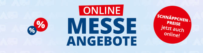 Hellblauer Hintergrund mit rotem Banner 'ONLINE', gro&szlig;em Schriftzug 'MESSE ANGEBOTE', links Prozentsymbole in roten und blauen Kreisen, rechts roter Kreis mit wei&szlig;er Aufschrift 'STARKE MESSE-PREISE jetzt auch online!'