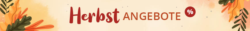 Beiges Banner mit orangefarbenen Bl&auml;ttern, links der Text 'Herbst-ANGEBOTE', rechts ein orangefarbener Aufkleber mit dem Text 'bis zu -52% SPAREN'