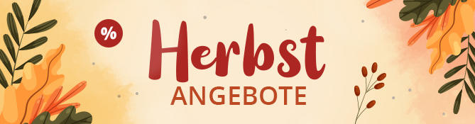 Schriftzug 'Herbst-ANGEBOTE', mehrere herabfallende Herbstbl&auml;tter auf hellem Hintergrund und orangefarbene Blattgrafik mit dem Text 'bis zu -52% SPAREN'