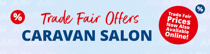 Light blue background with red banner 'ONLINE', large text 'MESSE ANGEBOTE', left percent symbols in red and blue circles, right red circle with white text 'STARKE MESSE-PREISE jetzt auch online!'