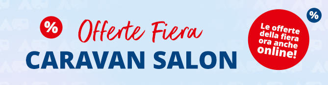 Sfondo azzurro chiaro con banner rosso 'ONLINE', grande testo 'MESSE ANGEBOTE', a sinistra simboli percentuale in cerchi rossi e blu, a destra cerchio rosso con testo bianco 'STARKE MESSE-PREISE jetzt auch online!'