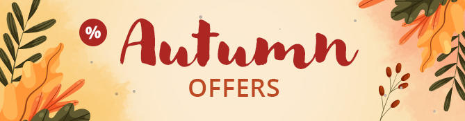 Text 'Herbst-ANGEBOTE', several falling autumn leaves on a light background and an orange leaf graphic with the text 'bis zu -52% SPAREN'