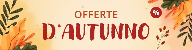 Testo 'Herbst-ANGEBOTE', diverse foglie autunnali che cadono su uno sfondo chiaro e una grafica di foglia arancione con il testo 'bis zu -52% SPAREN'