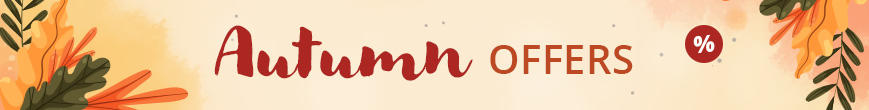 Beige banner with orange leaves, left the text 'Herbst-ANGEBOTE', right an orange badge with the text 'bis zu -52% SPAREN'