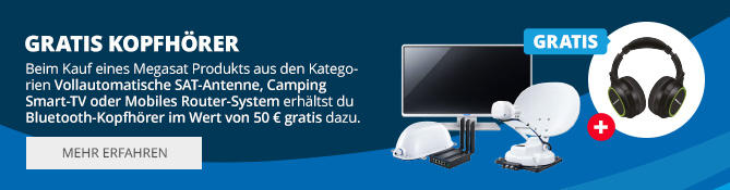 Banni&egrave;re publicitaire bleue avec le titre blanc GRATIS KOPFH&Ouml;RER &agrave; gauche et images de produits &agrave; droite : casque, deux antennes paraboliques, un routeur et une t&eacute;l&eacute;vision
