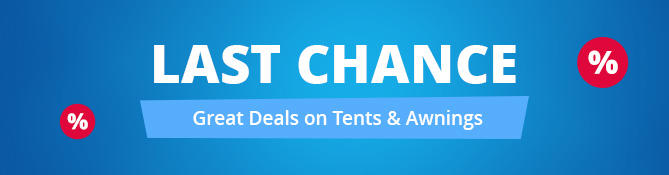 Blue banner with large white text 'LETZTE CHANCE', smaller white text 'Vorzelt & Campingzelte zum Sparpreis', a red hanging tag reading 'SALE' and red percent symbols