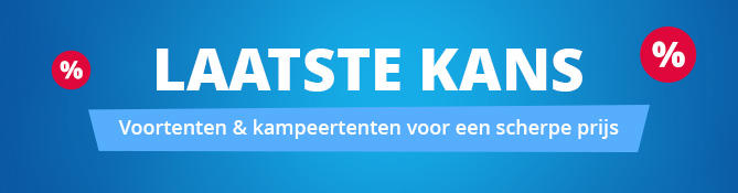 Blauwe banner met grote witte tekst 'LETZTE CHANCE', kleinere witte tekst 'Vorzelt & Campingzelte zum Sparpreis', een rood hanglabel met 'SALE' en rode procenttekens