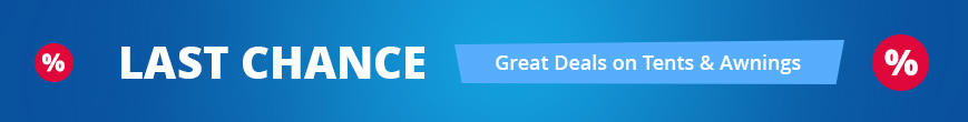 Blue banner with white text "LETZTE CHANCE", left red diagonal tag "SALE", right red circle with percent sign and white text "Vorzelt & Campingzelt zum Sparpreis"