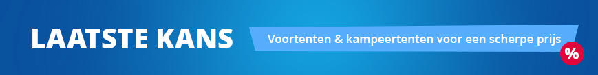 Blauwe banner met witte tekst "LETZTE CHANCE", links rood diagonaal label "SALE", rechts rode cirkel met procentteken en witte tekst "Vorzelt & Campingzelt zum Sparpreis"