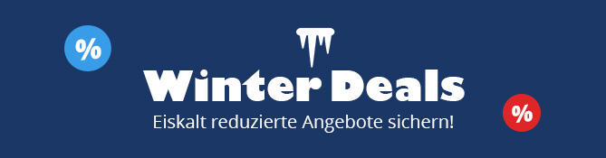 Dunkelblaues Banner mit wei&szlig;em Schriftzug 'Winter Deals' und Unterzeile 'Eiskalt reduzierte Angebote sichern!', links blaues Prozent-Symbol, rechts rotes Prozent-Symbol, Eiszapfen-Grafik oben