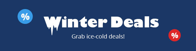 Dark blue banner with white lettering 'Winter Deals' and subtext 'Eiskalt reduzierte Angebote sichern!', blue percent icon left, red percent icon right, icicle graphic above