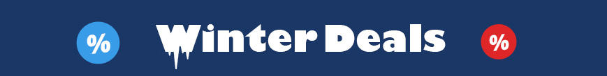 Dark blue background with centered white text Winter Deals. Left a blue circle with a white percent sign, right a red circle with a white percent sign. Small white icicles below the text