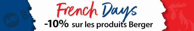 Bannière blanche avec traits de pinceau bleu et rouge, texte 'French Days' et en dessous '-10% sur les produits Berger'
